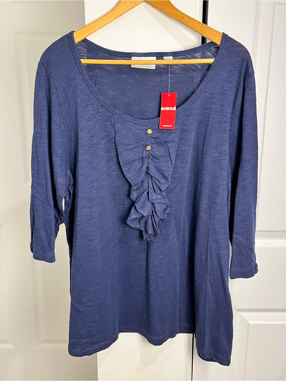 Avenue Ruffle Detail Front Top 3/4th Sleeves Navy Blue Career Casual Sz 18/20